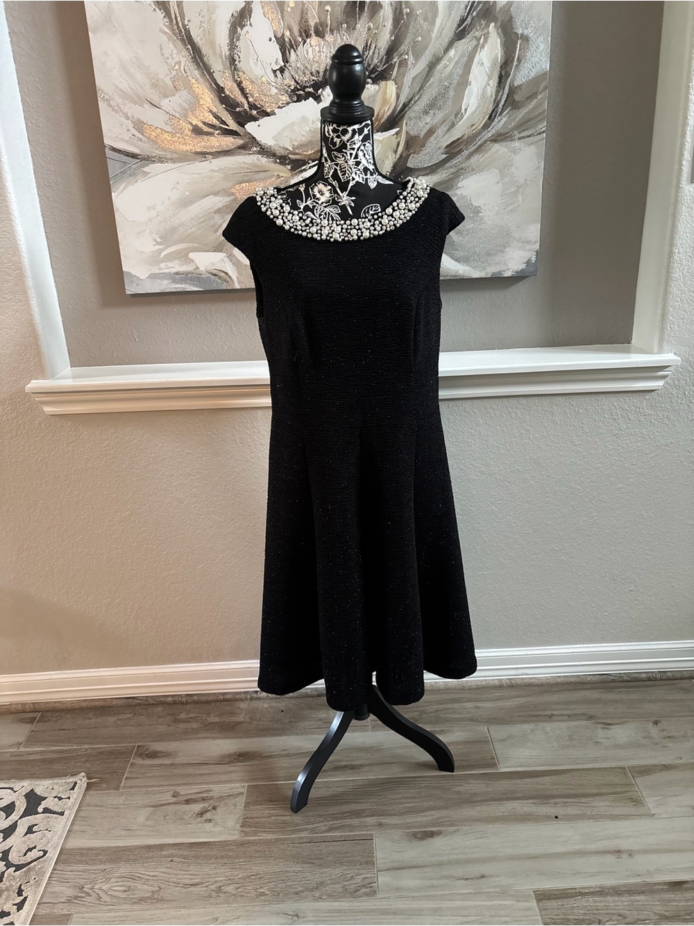 Eliza J Black Midi Dress with Beaded Pearl Neckline